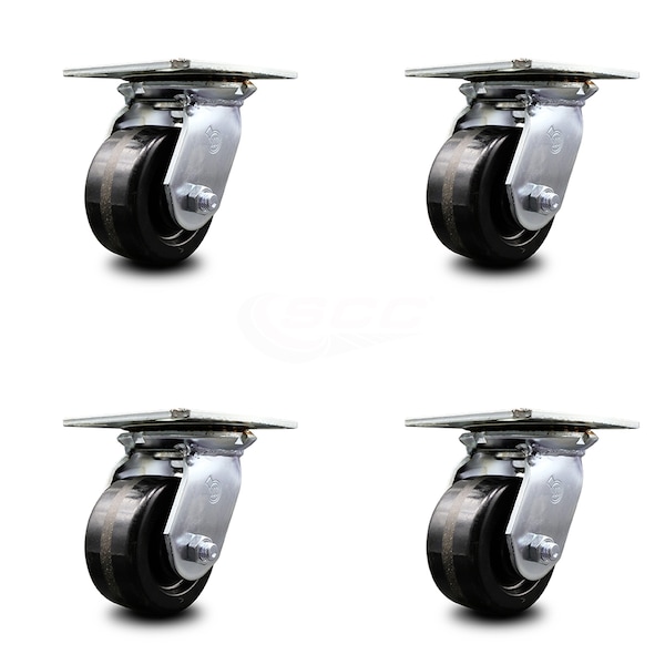 4 Inch Heavy Duty Phenolic Caster Set with Ball Bearings, 4PK
